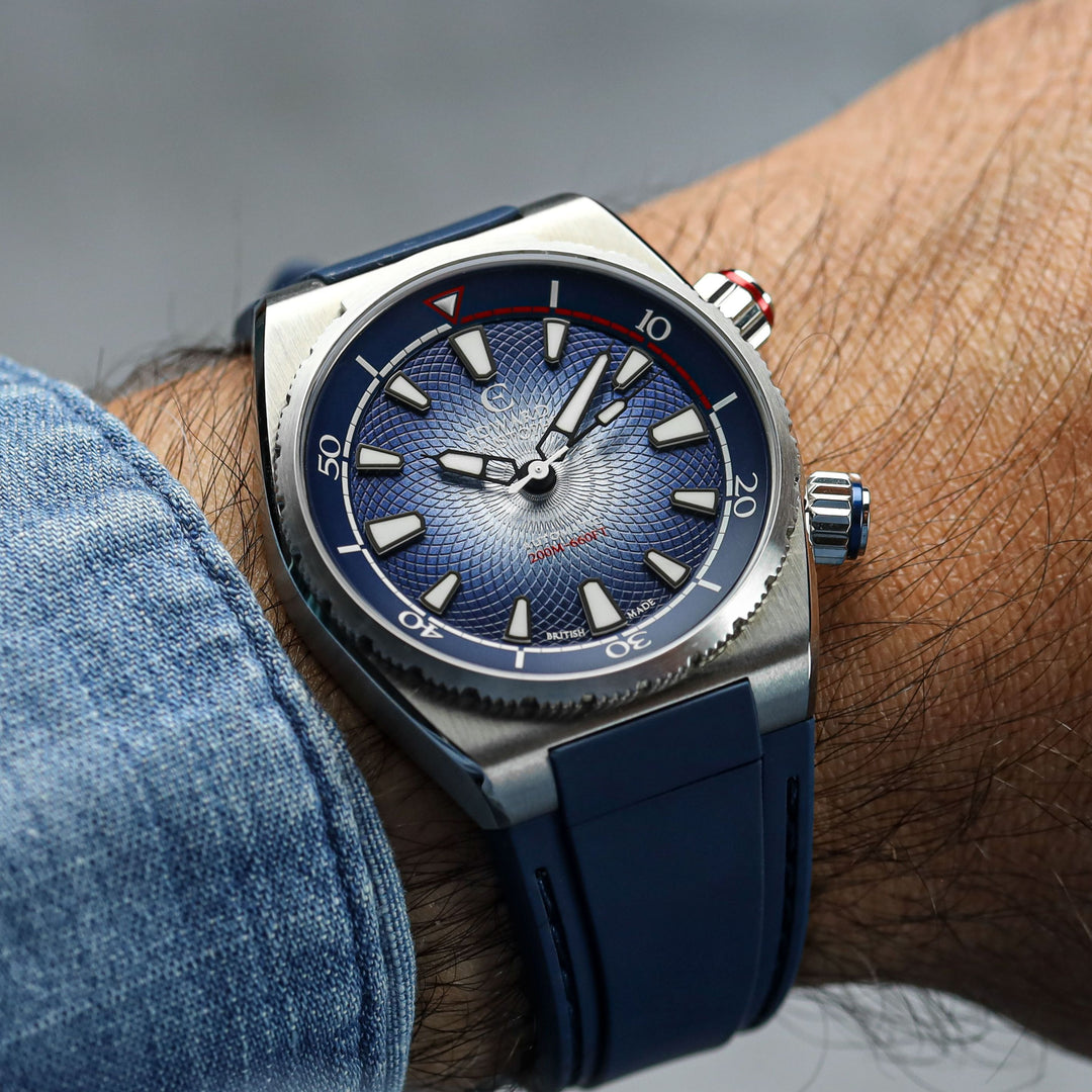 Edward Christopher custom mechanical watch on man's wrist – Manta model in royal blue