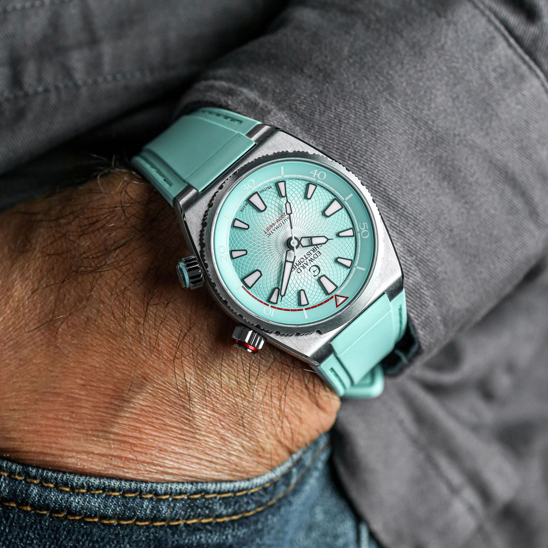 Edward Christopher custom mechanical watch on man's wrist – Manta model in sky blue