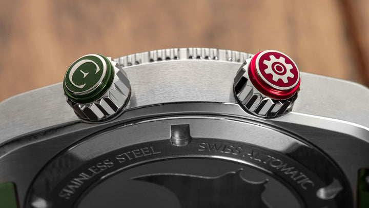 Edward Christopher custom mechanical watch coloured crowns – Manta model in forest green