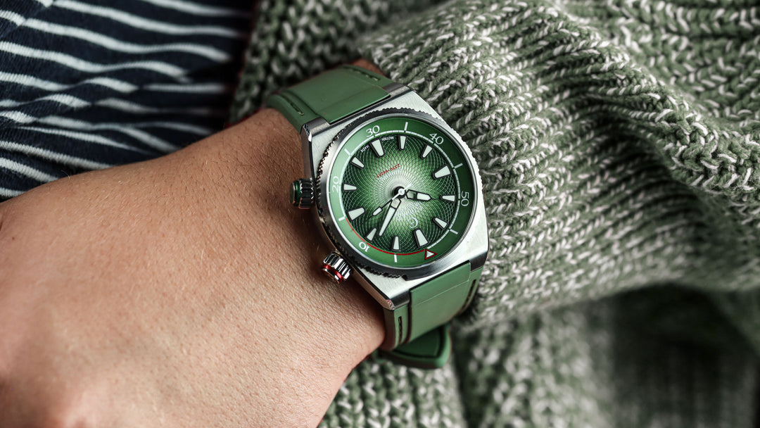 Edward Christopher custom mechanical watch on woman's wrist – Manta model in forest green