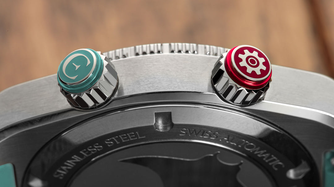 Edward Christopher custom mechanical watch coloured crowns – Manta model in sky blue