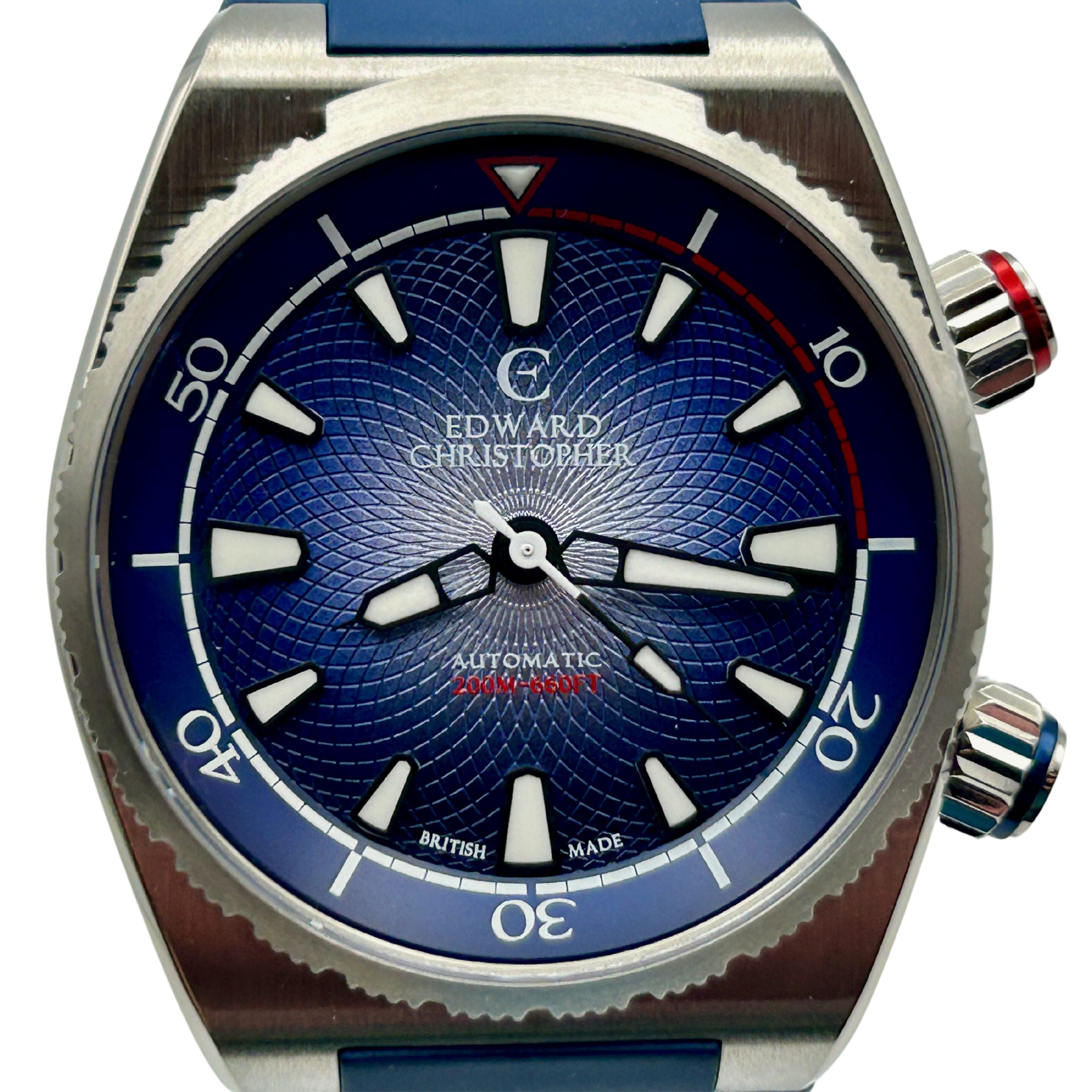 Guilloché style dial of Royal Blue Edward Christopher Manta luxury watch, dive watch & sports watch from Edward Christopher watch shop