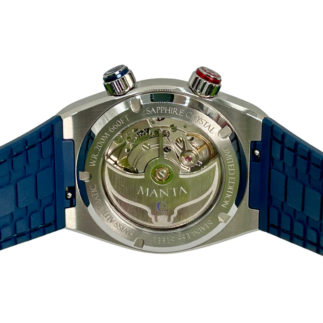 Edward Christopher custom mechanical watch with Manta Ray shaped rotor & oscillating mass in open case back – Manta Revelare model in royal blue