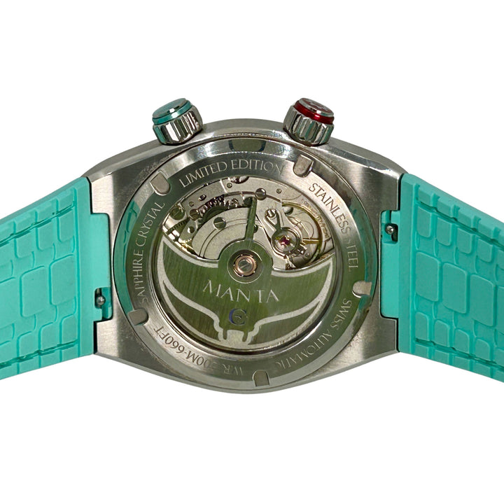 Edward Christopher custom mechanical watch with Manta Ray shaped rotor & oscillating mass in open case back – Manta Revelare model in sky blue