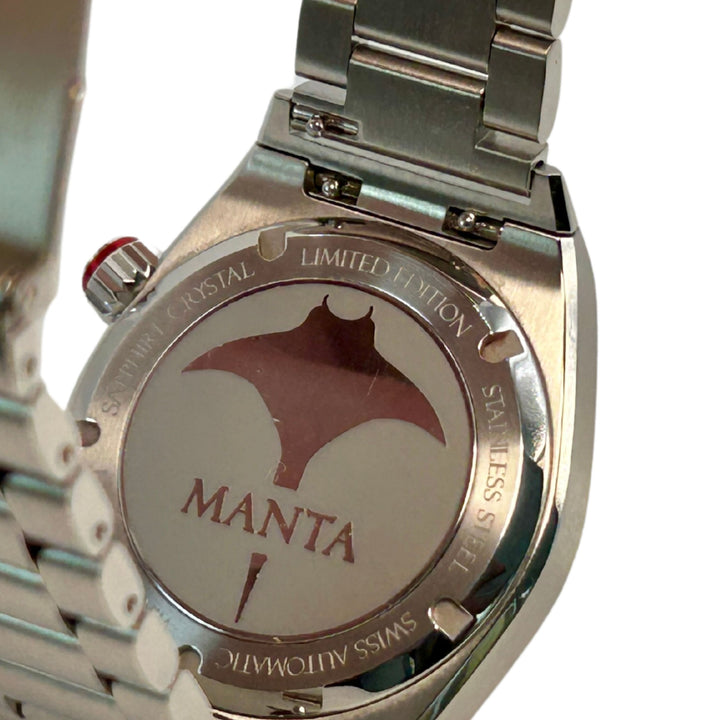 Edward Christopher custom mechanical watch strap adapters on Manta model case back