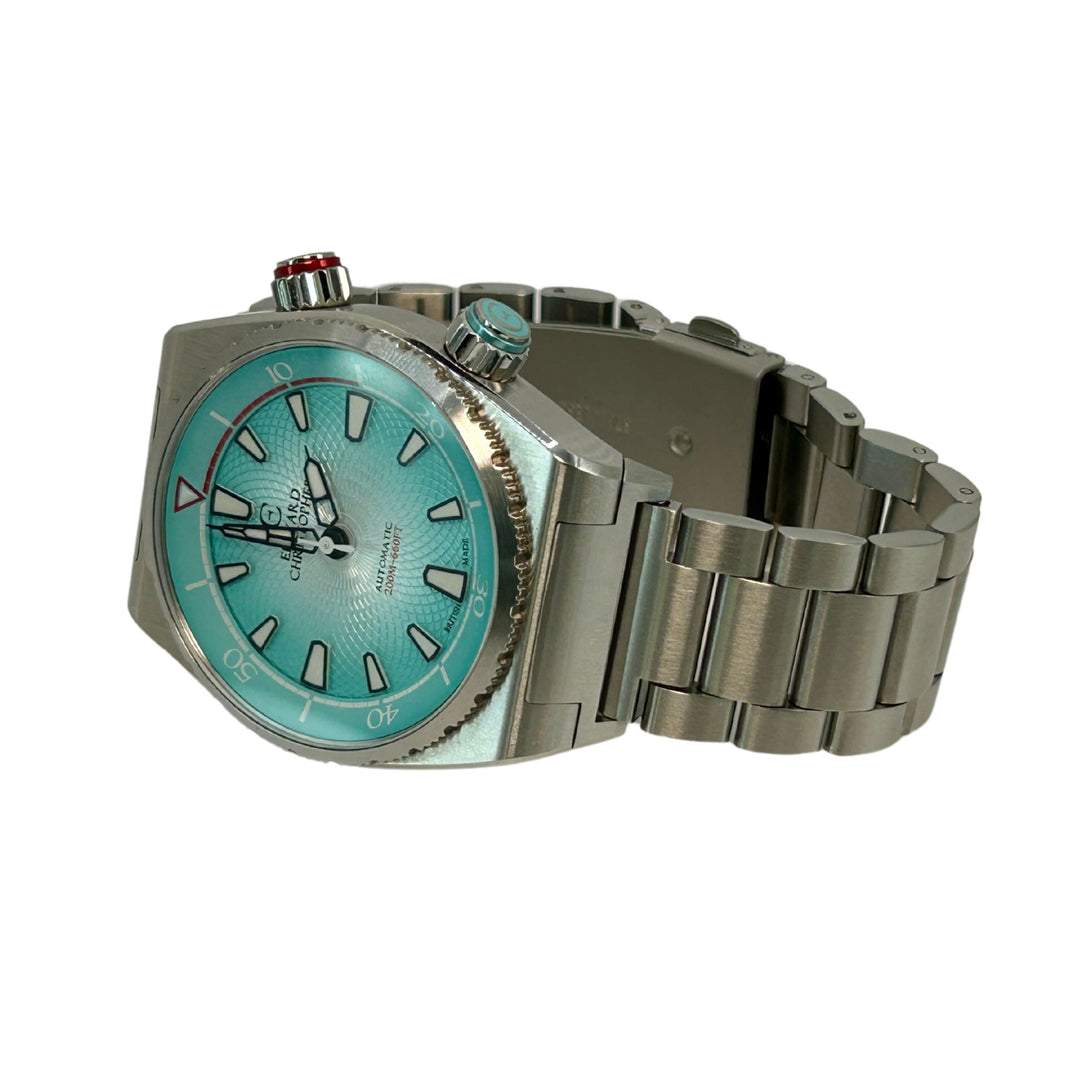 Edward Christopher custom mechanical watch strap adapters on stainless steel strap on Manta model in sky blue