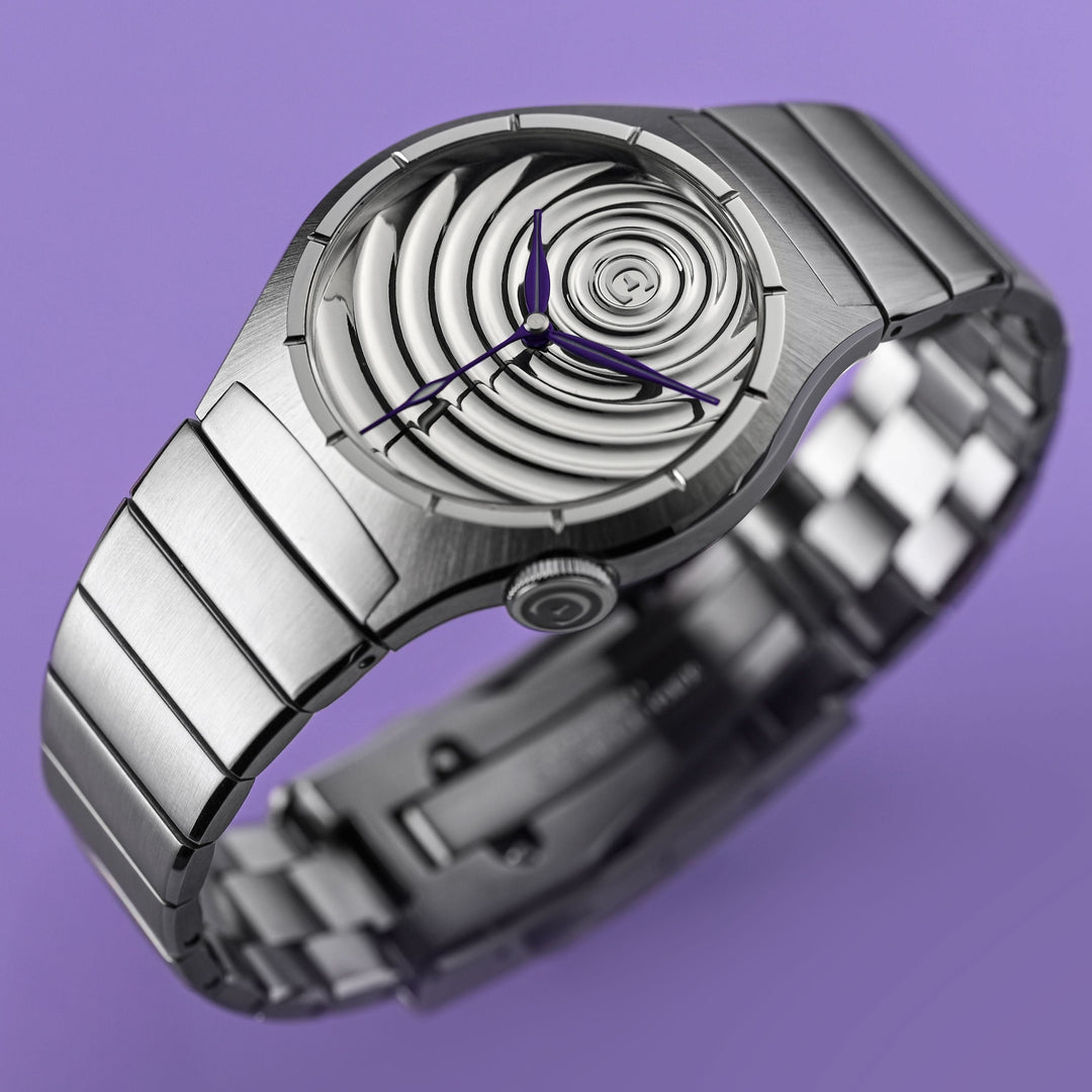 Ripple Special Edition mirrored dial with violet coloured leaf hands