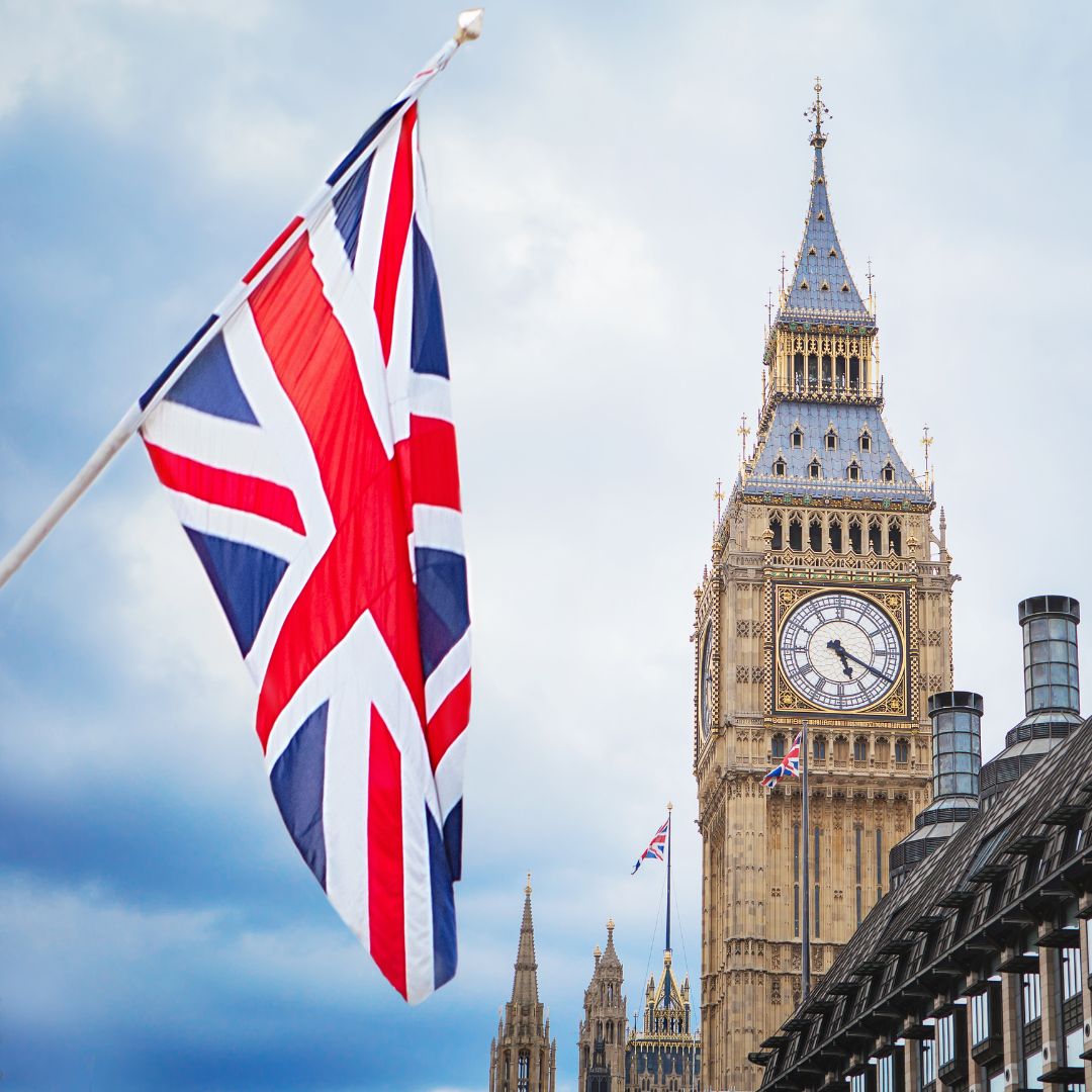 Union Jack flag flies near Houses of Parliament in London