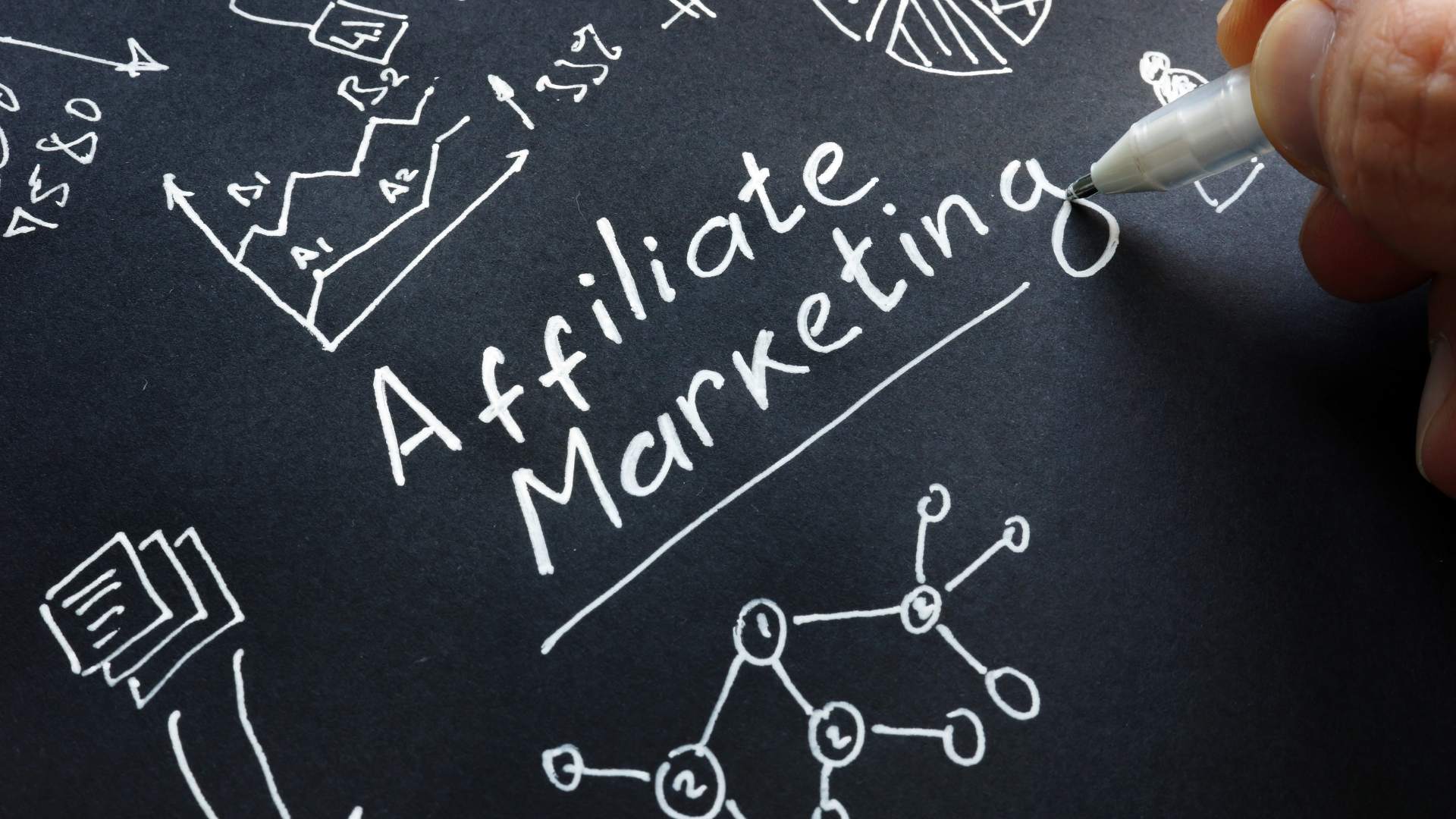 Affiliate marketing written in white chalk on blackboard with diagrams