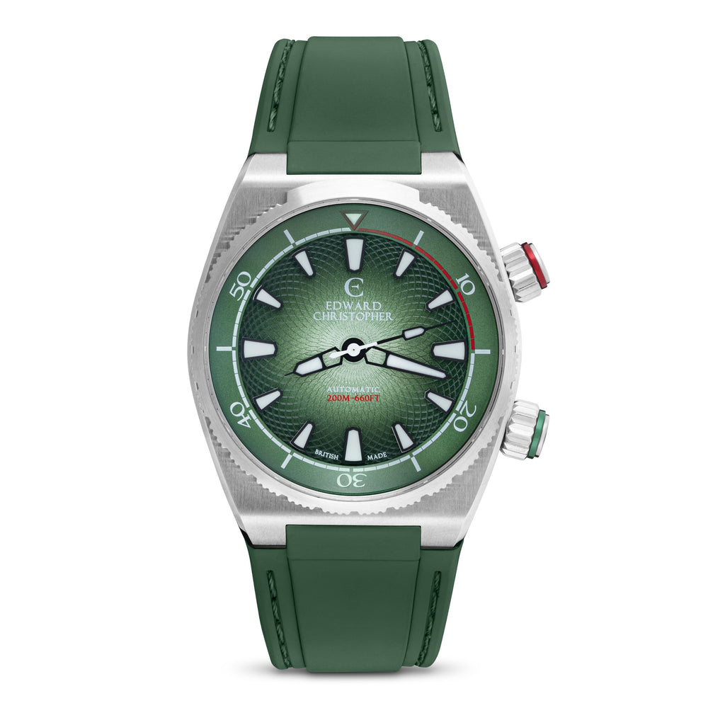Front view of Forest Green colour Edward Christopher Manta luxury watch, dive watch & sports watch from Edward Christopher watch shop