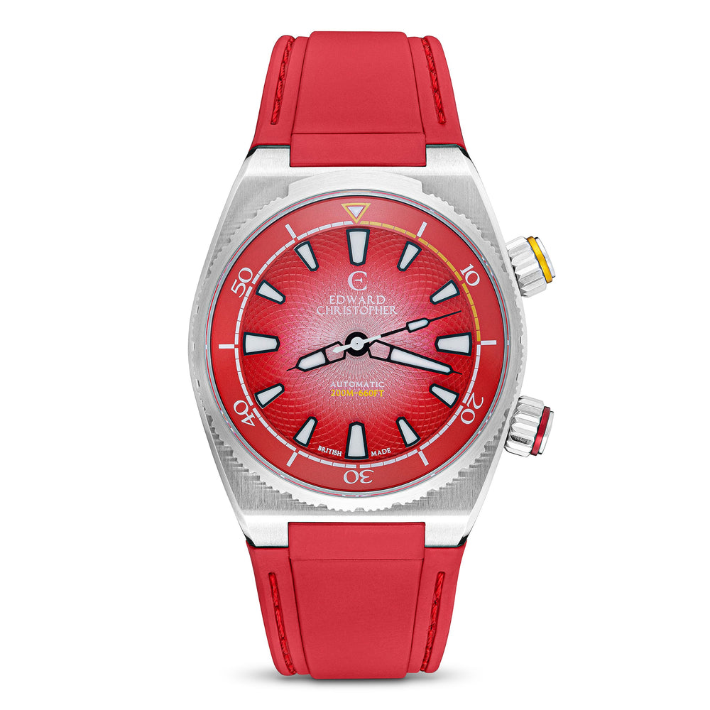 Front view of Rose Red colour Edward Christopher Manta luxury watch, dive watch & sports watch from Edward Christopher watch shop