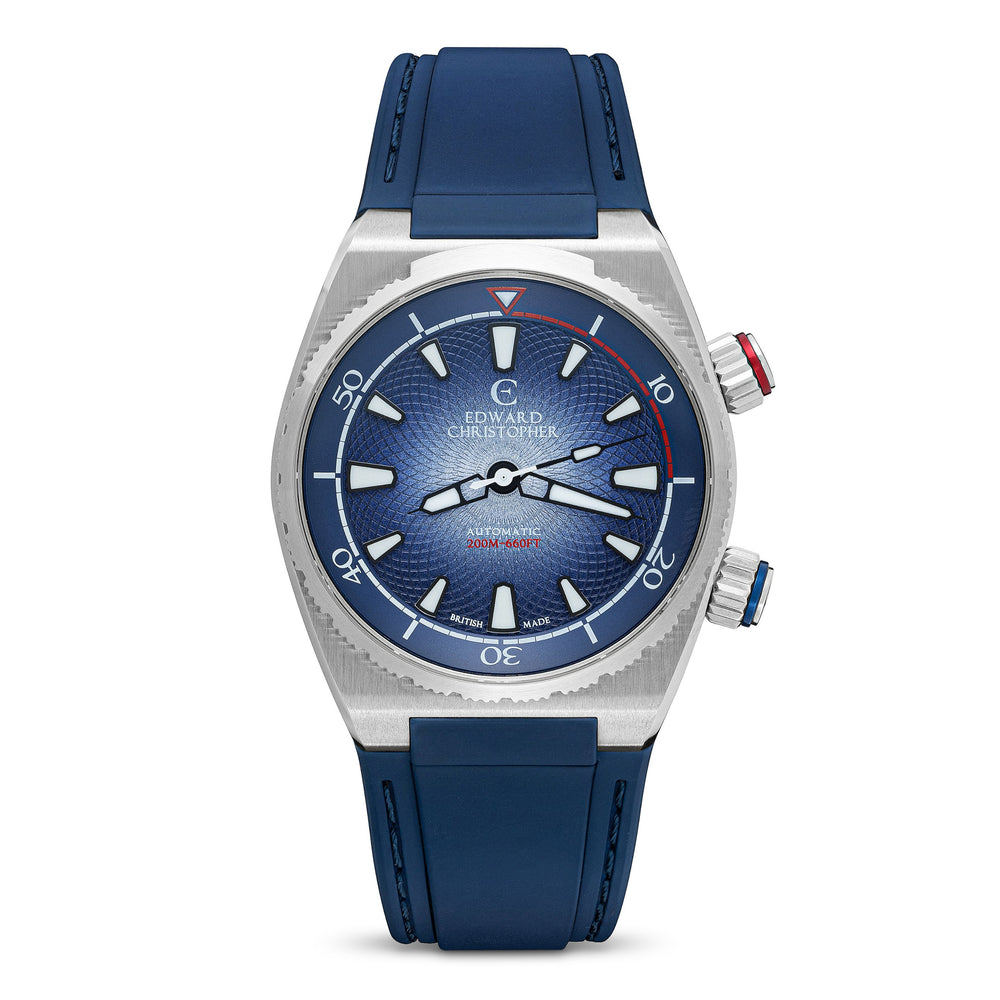 Front view of Royal Blue colour Edward Christopher Manta luxury watch, dive watch & sports watch from Edward Christopher watch shop