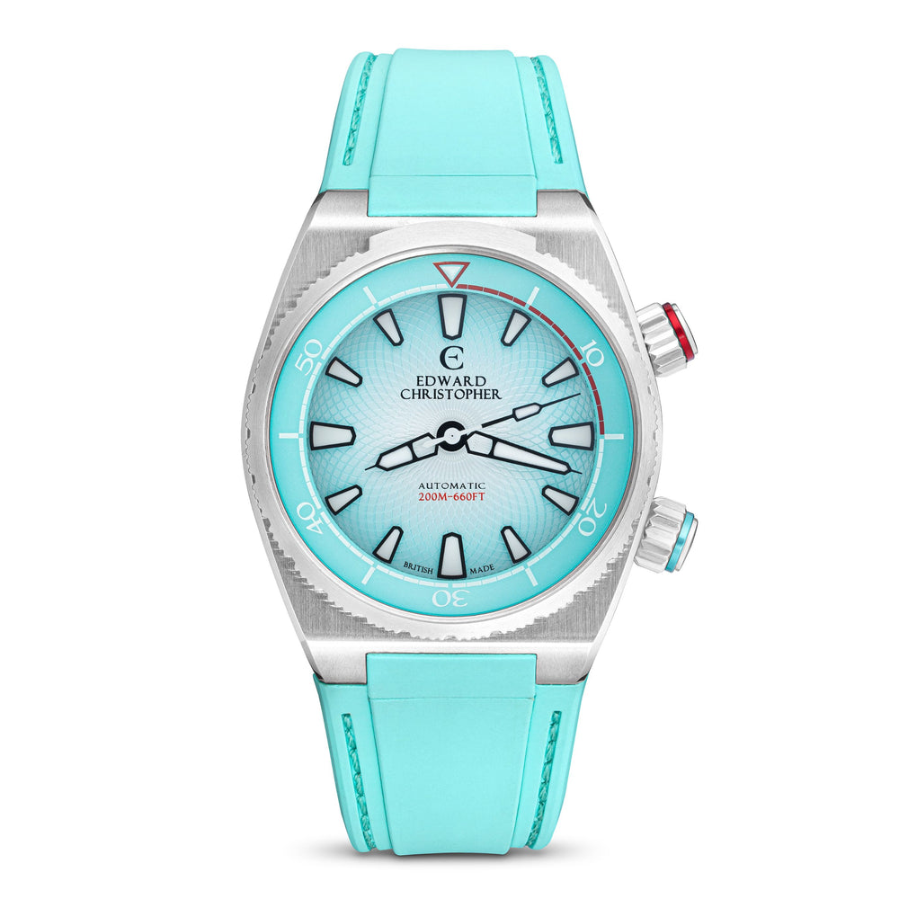 Front view of Sky Blue colour Edward Christopher Manta luxury watch, dive watch & sports watch from Edward Christopher watch shop