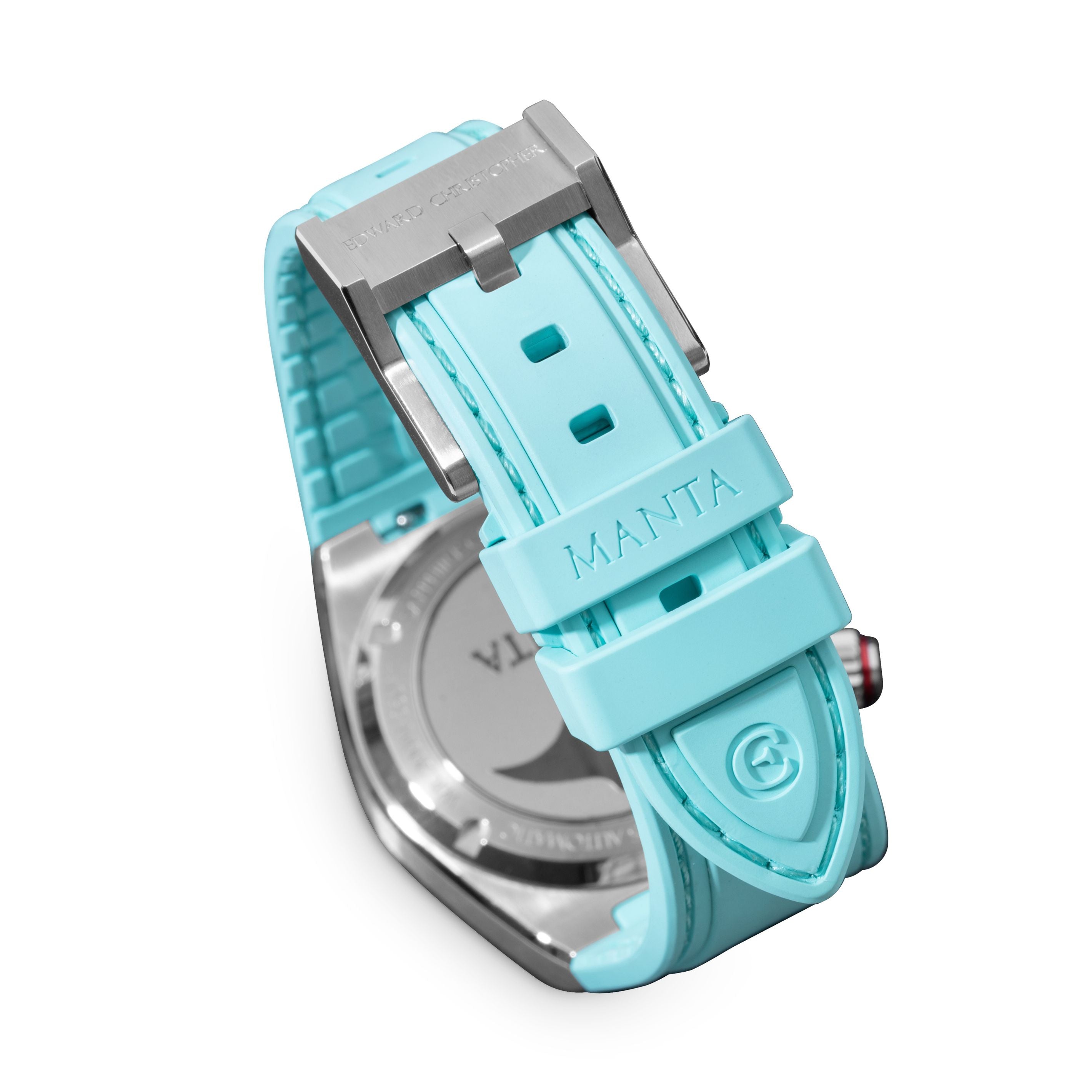 Sky Blue vulcanised rubber strap and buckle & watch case back on Edward Christopher Manta luxury watch, dive watch & sports watch from Edward Christopher watch shop