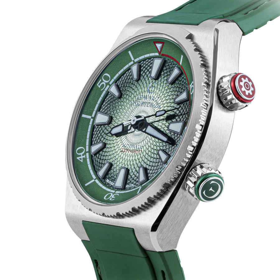 Side angle of front of Forest Green colour Edward Christopher Manta luxury watch, dive watch & sports watch from Edward Christopher watch shop
