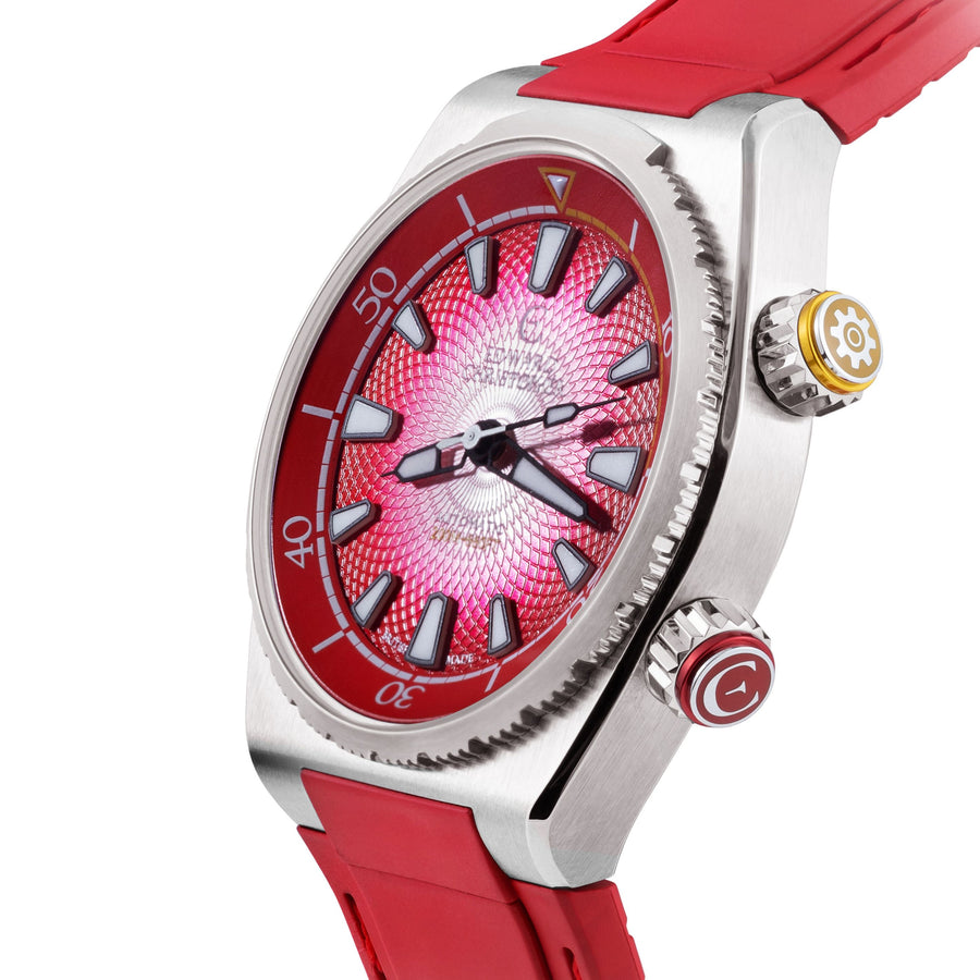 Side angle of front of Rose Red colour Edward Christopher Manta luxury watch, dive watch & sports watch from Edward Christopher watch shop