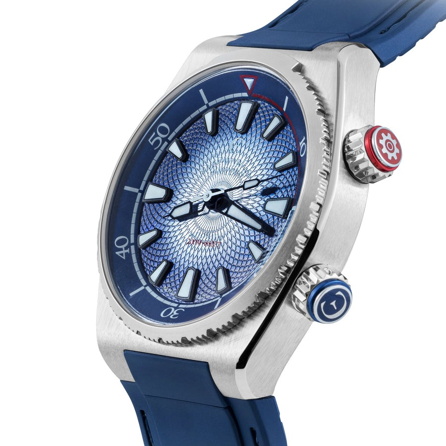 Side angle of front of Royal Blue colour Edward Christopher Manta luxury watch, dive watch & sports watch from Edward Christopher watch shop