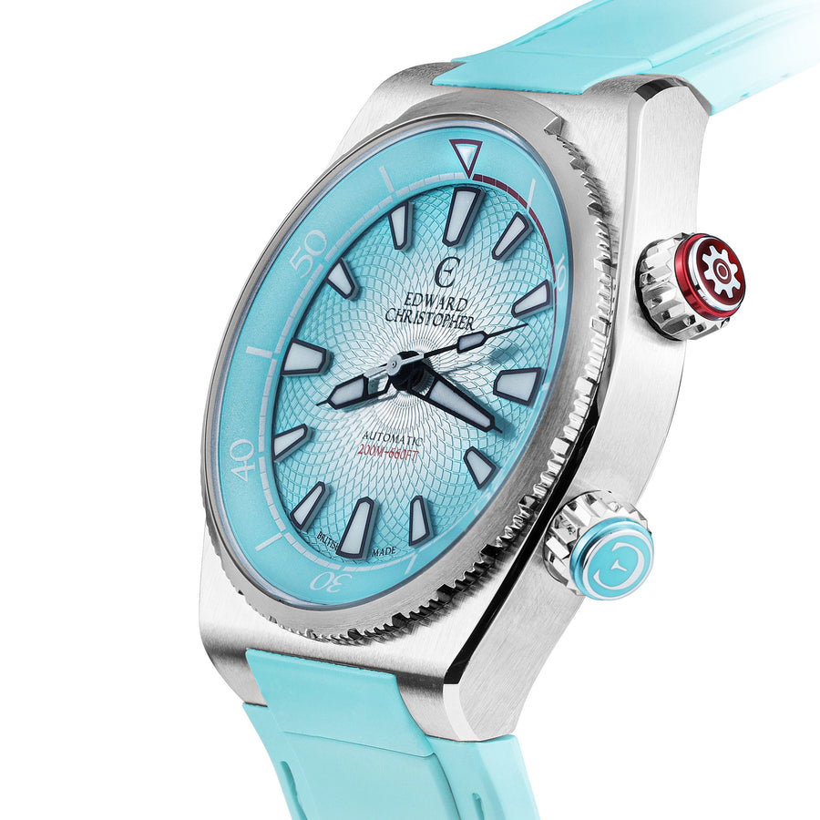 Side angle of front of Sky Blue colour Edward Christopher Manta luxury watch, dive watch & sports watch from Edward Christopher watch shop
