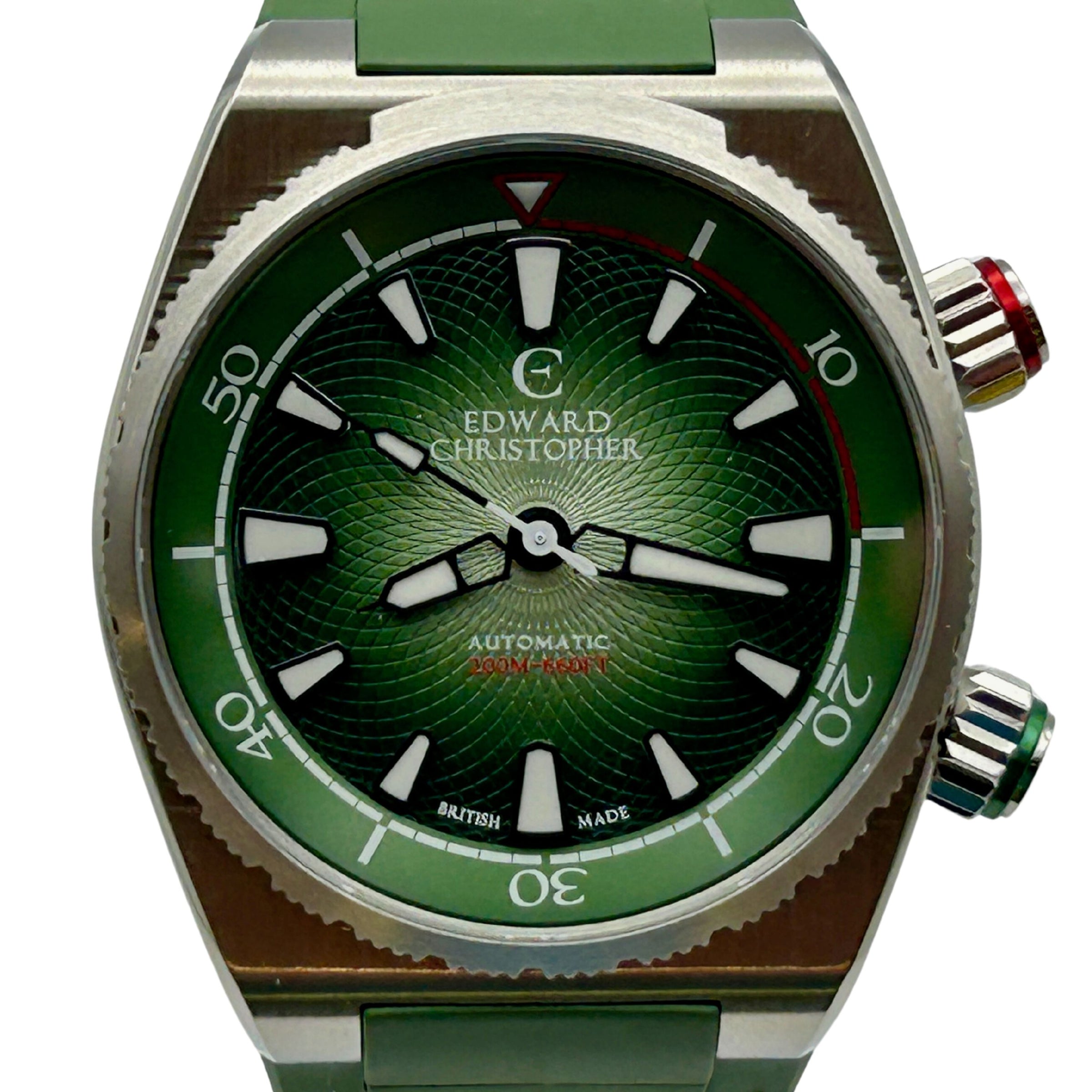 Guilloché style dial of Forest Green Edward Christopher Manta luxury watch, dive watch & sports watch from Edward Christopher watch shop