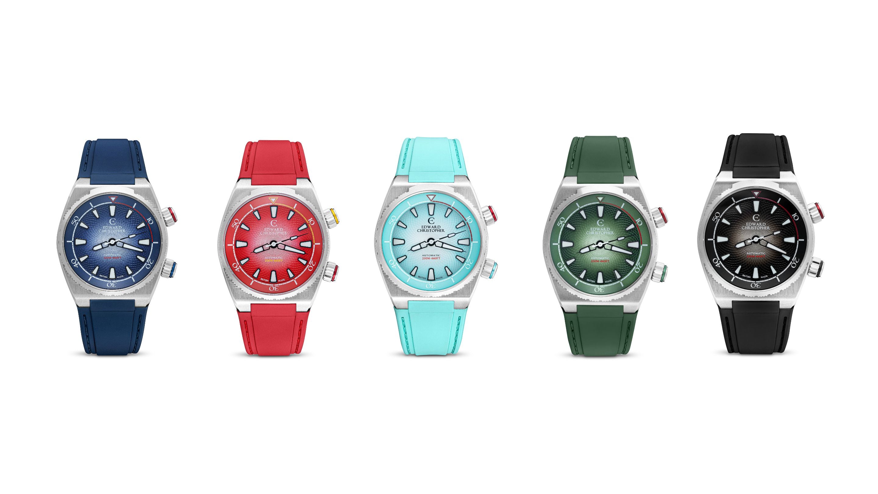 5 watches of royal blue, forest green, sky blue, red and black colour Edward Christopher Manta luxury watches, dive watches & sports watches from Edward Christopher watch shop