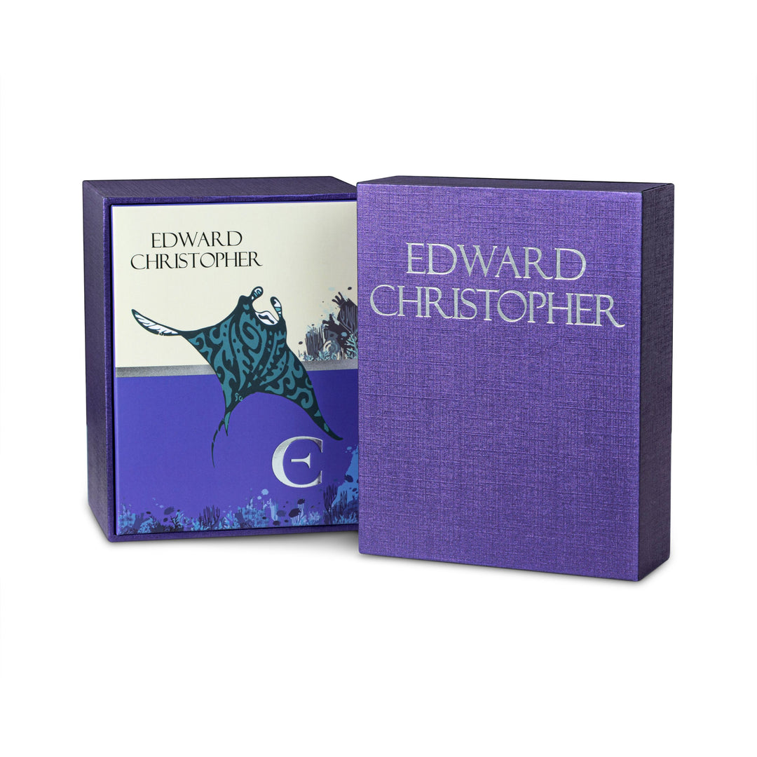 Exterior & interior of purple colour watch packaging & watch presentation box for Edward Christopher luxury watches from Edward Christopher watch shop