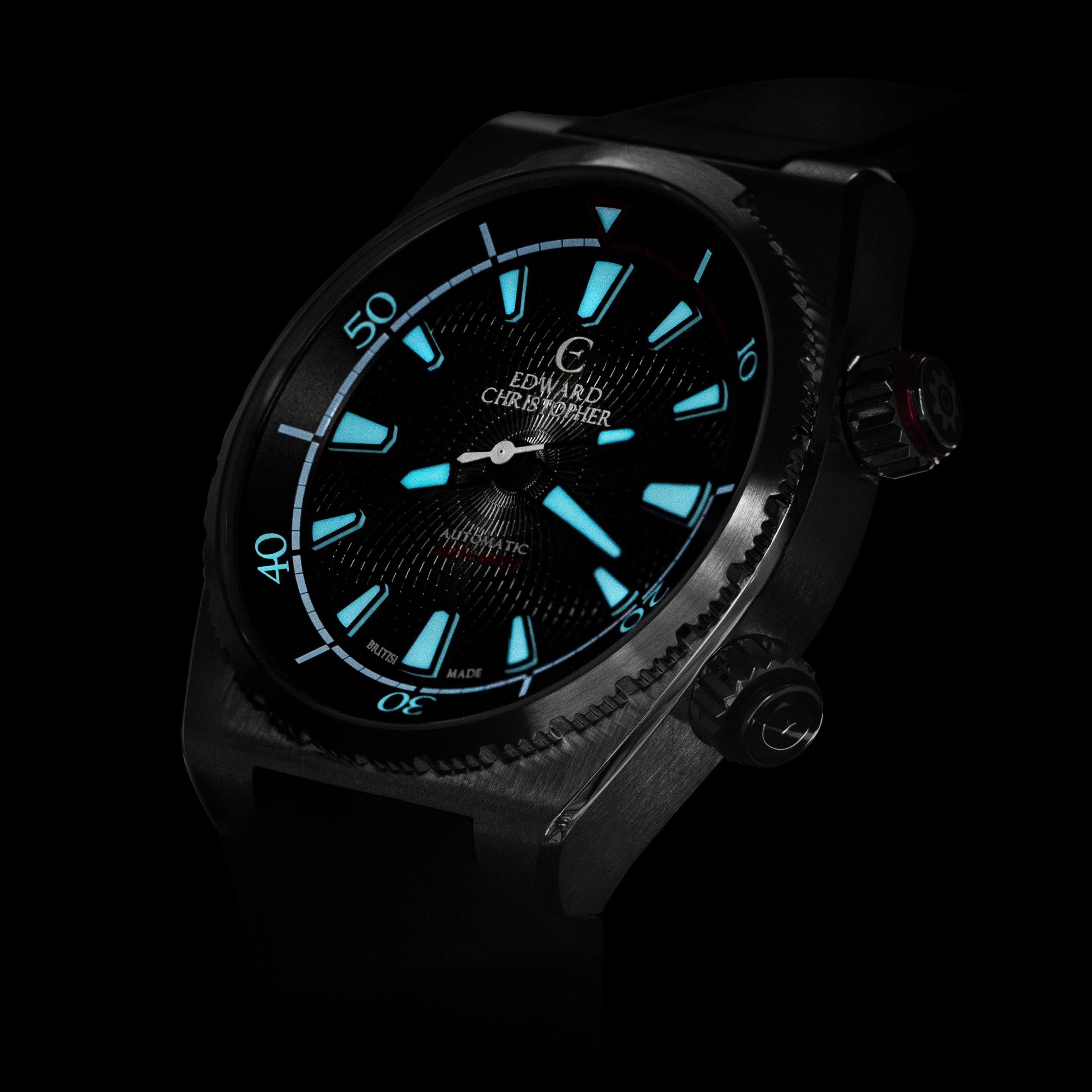 Super-LumiNova glowing in dark on dial face of Midnight Black Edward Christopher Manta luxury watch, dive watch & sports watch from Edward Christopher watch shop