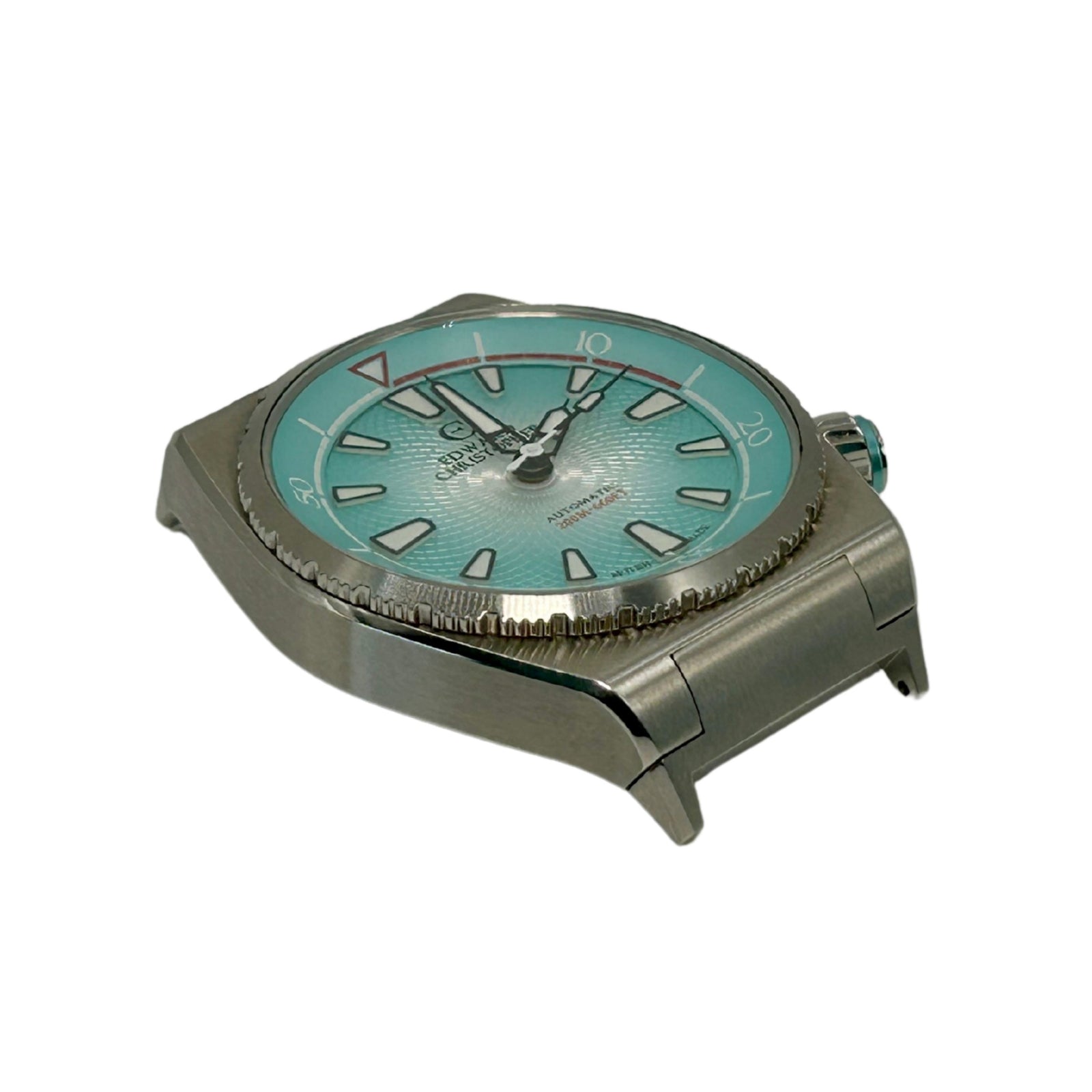 Edward Christopher custom mechanical watch strap adapters on Manta model in sky blue