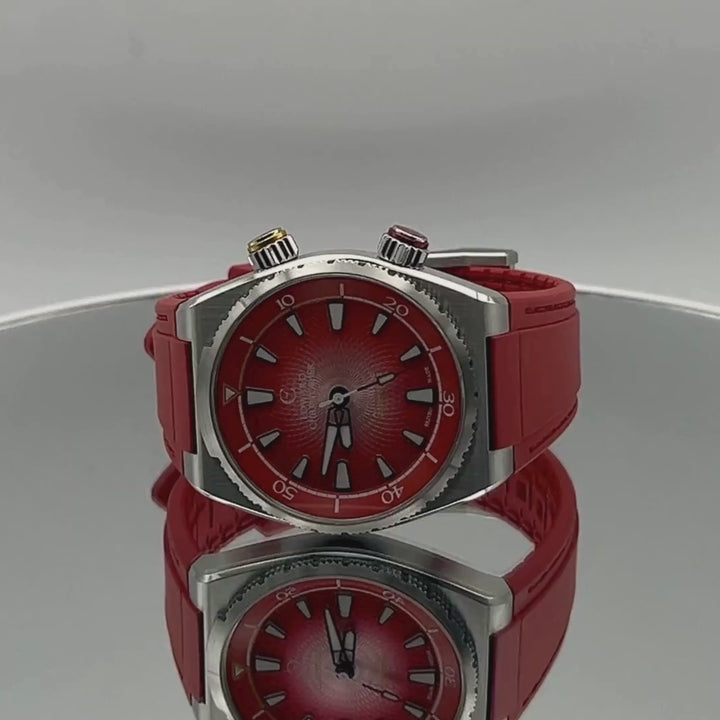 Rose Red colour Edward Christopher Manta luxury watch, dive watch & sports watch from Edward Christopher watch shop rotating 360 degrees on mirrored turntable
